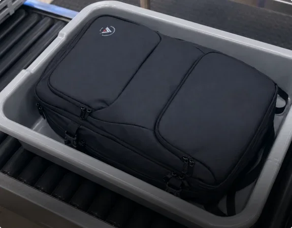 Voyge Backpack fitting effortlessly into overhead airplane compartment